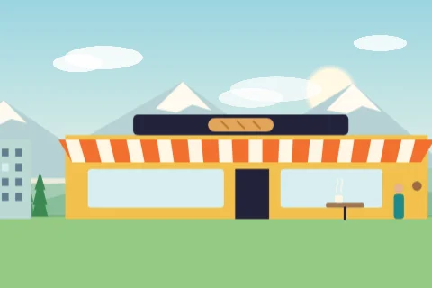 A drawing of a small sandwich shop with a striped awning and a short queue outside.
