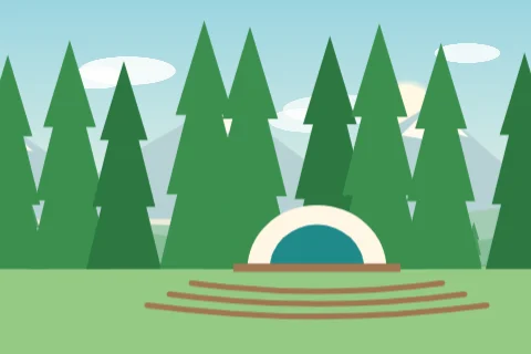 A drawing of Lynndale Park: tall firs around an amphitheater in a clearing.